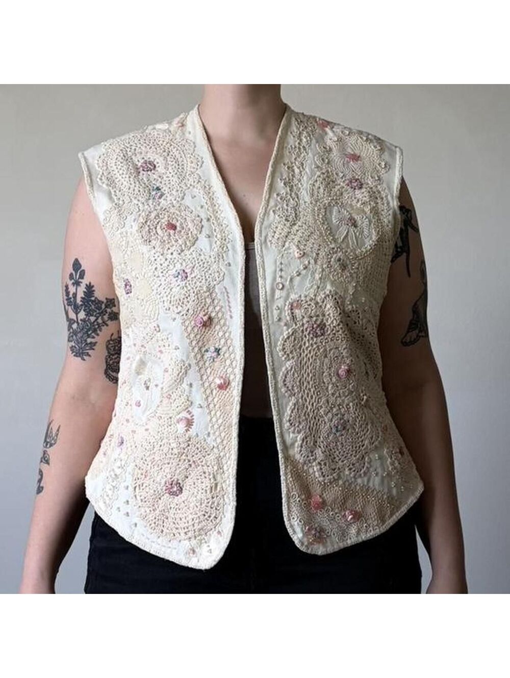 Crochet Vest Embroidered Doilies Beads Maximalist Cottagecore